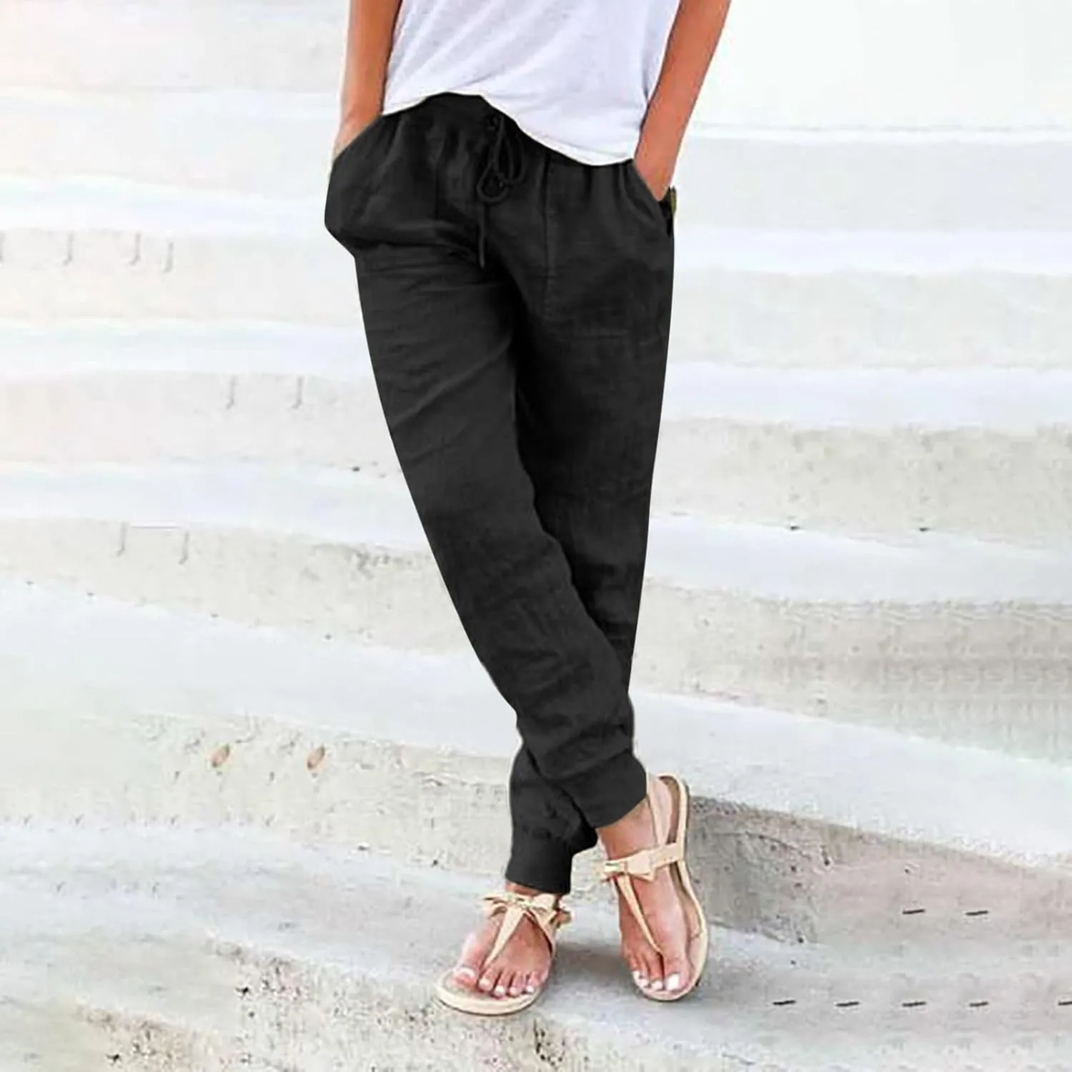 Linen Joggers for Women Tapered Ankle Pants Wide Leg Cargo Pants Drawstring Elastic Waist Casual Slacks with Pockets