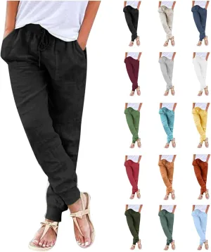 Linen Joggers for Women Tapered Ankle Pants Wide Leg Cargo Pants Drawstring Elastic Waist Casual Slacks with Pockets