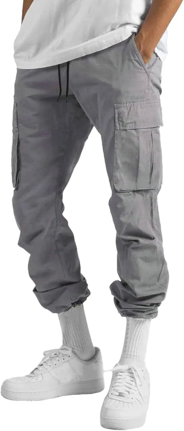 Linen Pants for Men Seasonal Casual Multi-Pocket Sweatpants Foot Rope Waist Tie Solid Pants Plus Size Trousers