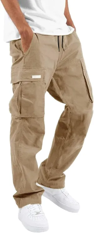 Linen Pants for Men Seasonal Casual Multi-Pocket Sweatpants Foot Rope Waist Tie Solid Pants Plus Size Trousers