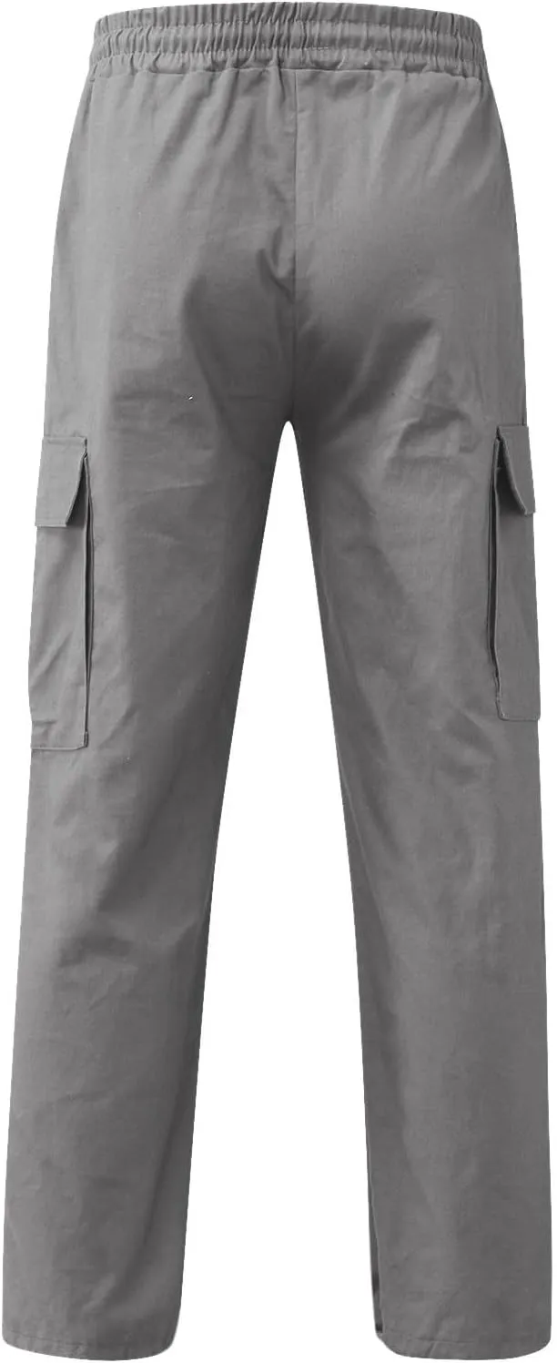 Linen Pants for Men Seasonal Casual Multi-Pocket Sweatpants Foot Rope Waist Tie Solid Pants Plus Size Trousers