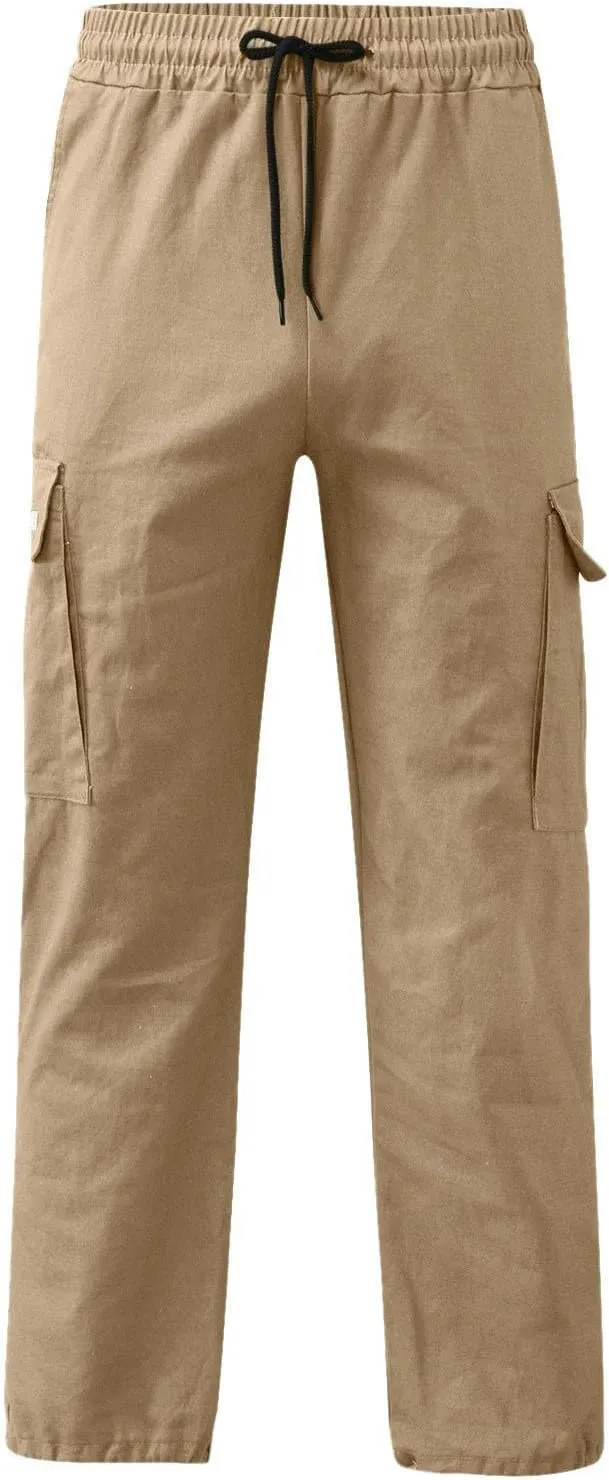 Linen Pants for Men Seasonal Casual Multi-Pocket Sweatpants Foot Rope Waist Tie Solid Pants Plus Size Trousers