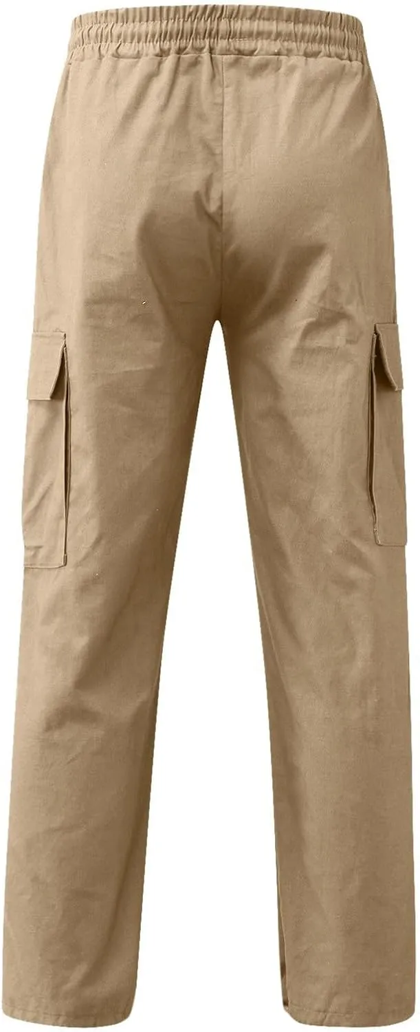 Linen Pants for Men Seasonal Casual Multi-Pocket Sweatpants Foot Rope Waist Tie Solid Pants Plus Size Trousers