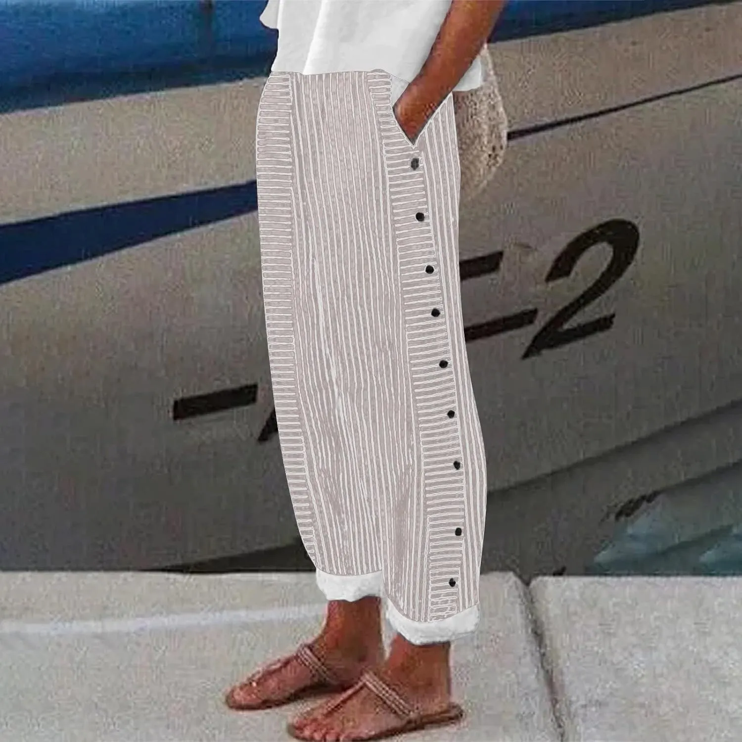 Linen Pants for Women 2025 Plus Size Trendy Striped Spring Summer Gauze Pants Casual Elastic Waist Comfy Trousers