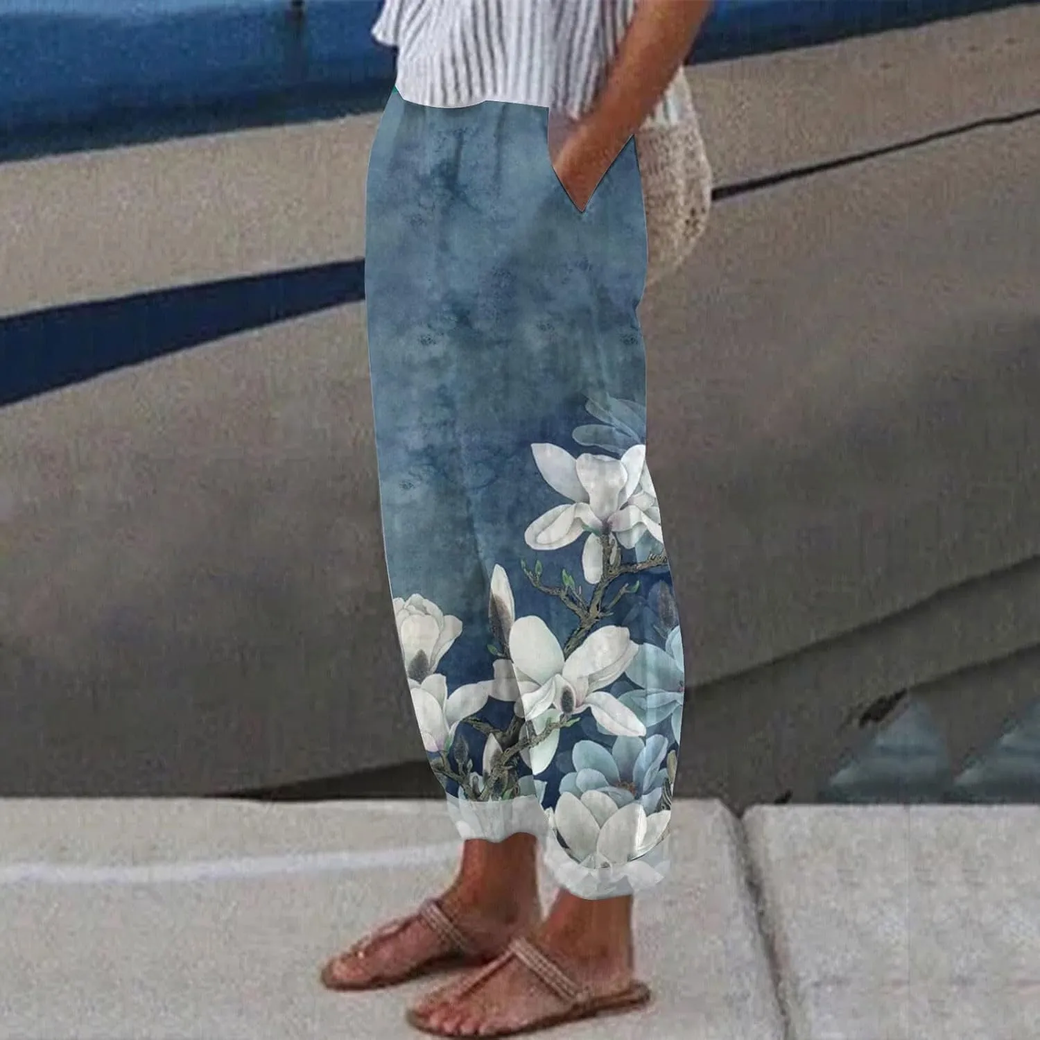 Linen Pants for Women Loose Fit Summer Casual Solid Color High Waisted Straight Leg Beach Linen Pants Comfy Lounge Trousers