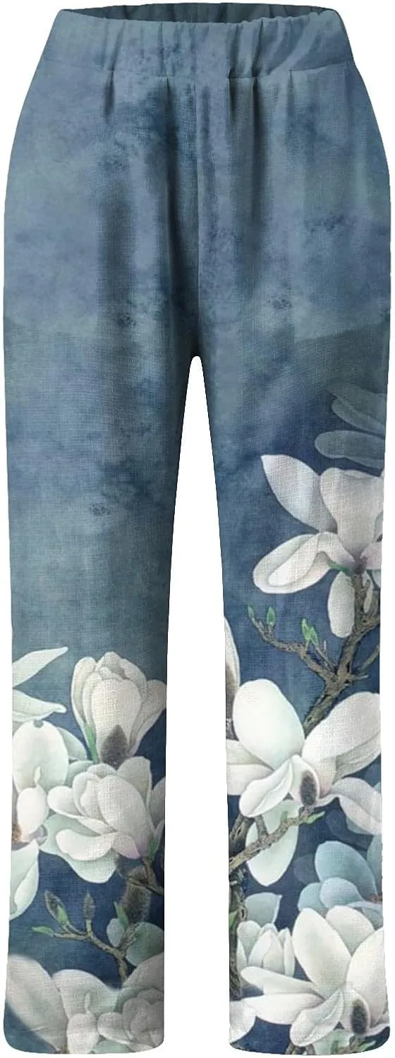 Linen Pants for Women Loose Fit Summer Casual Solid Color High Waisted Straight Leg Beach Linen Pants Comfy Lounge Trousers