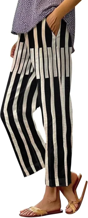 Linen Pants for Women Plus Size Summer Elastic Waist Straight Leg Pants Casual Lightweight Boho Beach Trousers with Pockets