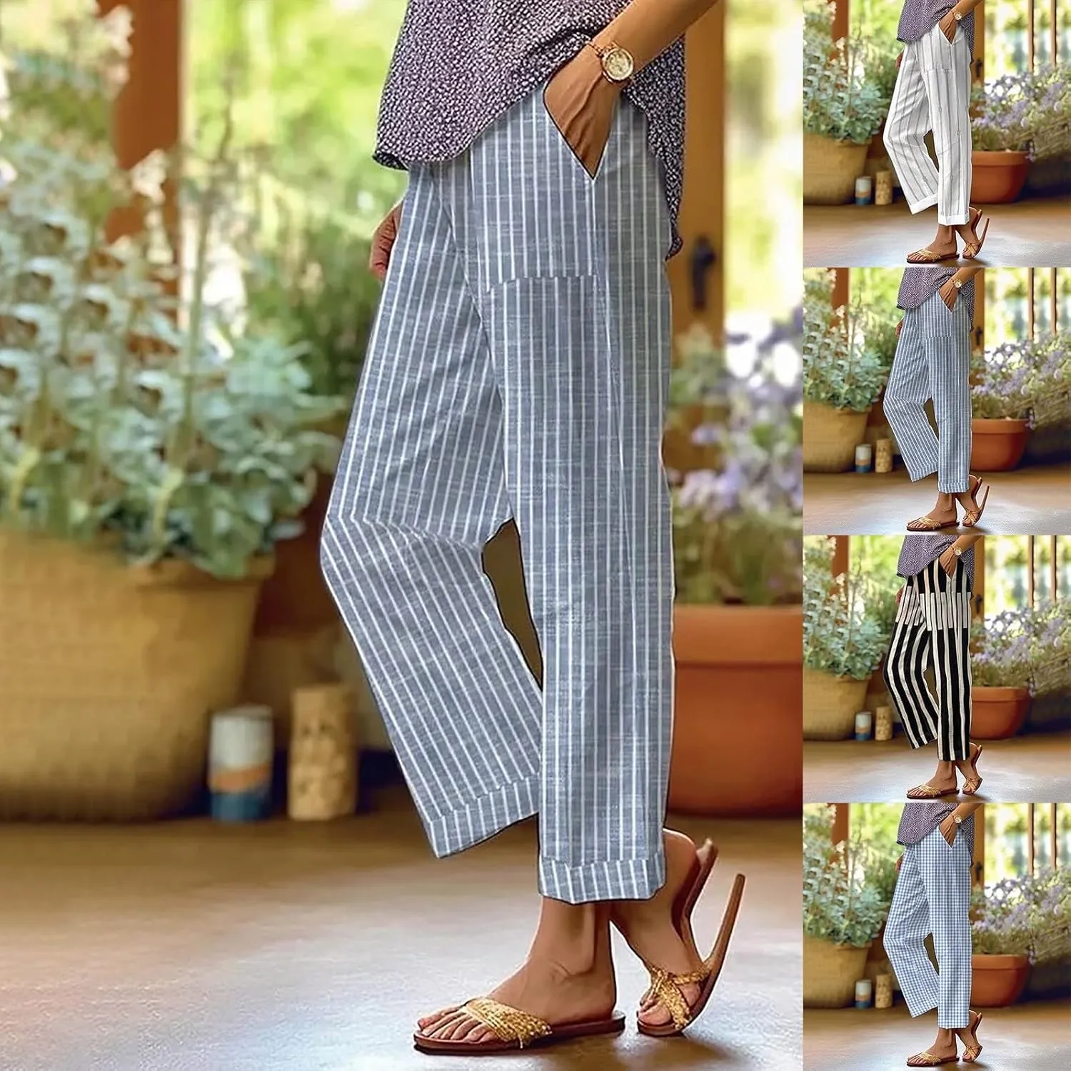 Linen Pants for Women Plus Size Summer Elastic Waist Straight Leg Pants Casual Lightweight Boho Beach Trousers with Pockets