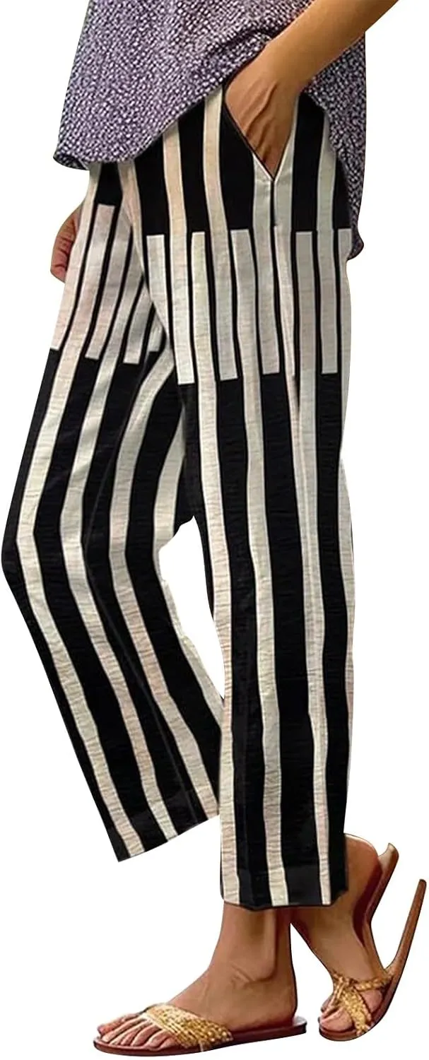 Linen Pants for Women Plus Size Summer Elastic Waist Straight Leg Pants Casual Lightweight Boho Beach Trousers with Pockets