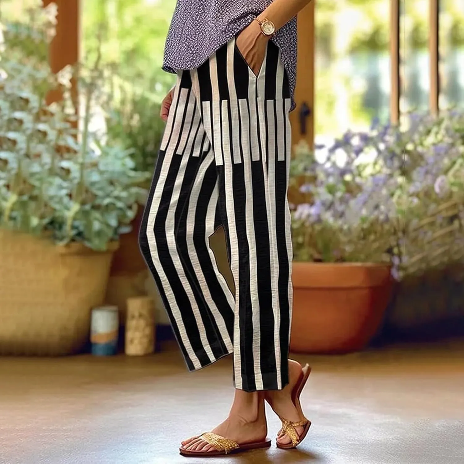 Linen Pants for Women Plus Size Summer Elastic Waist Straight Leg Pants Casual Lightweight Boho Beach Trousers with Pockets