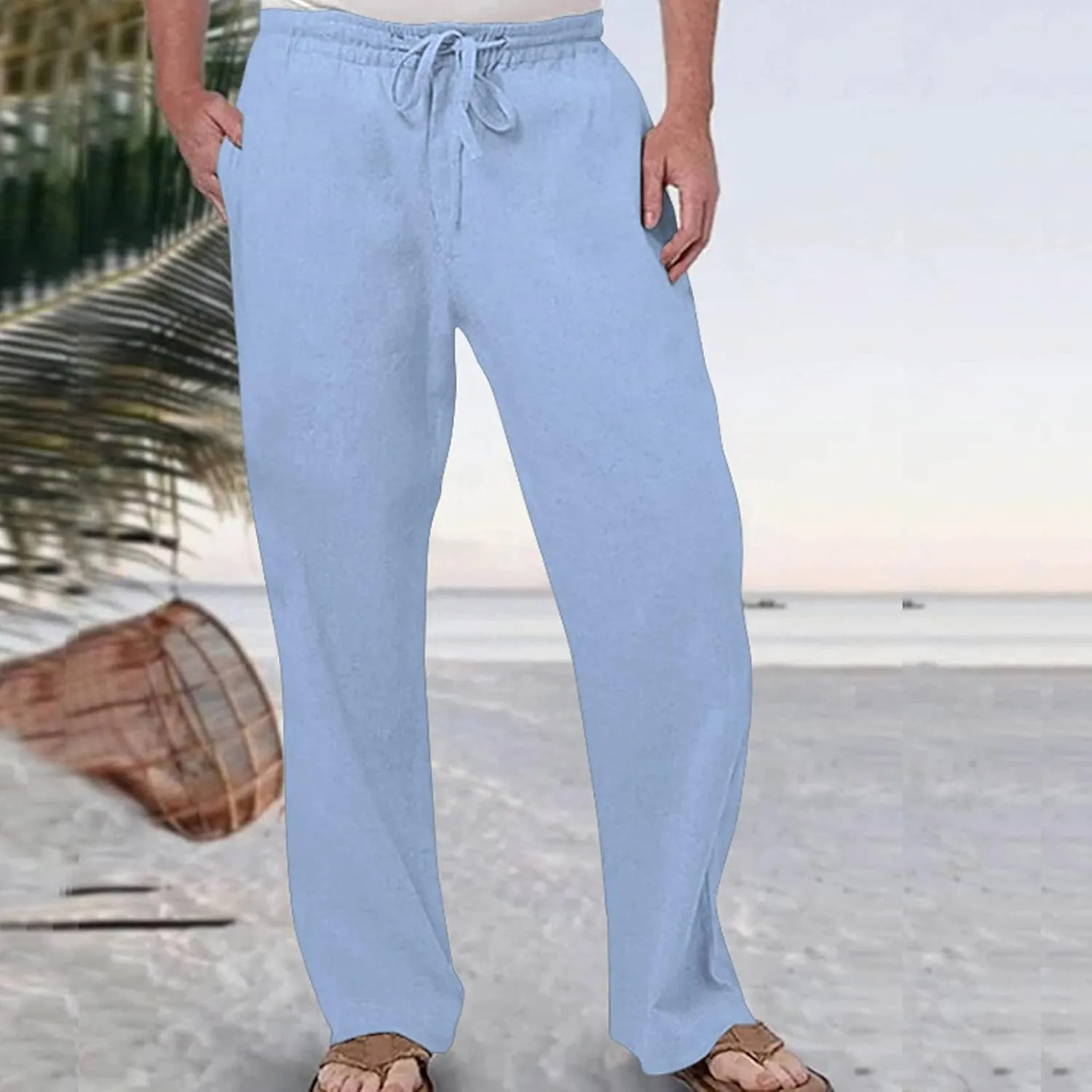 Linen Pants Men Slim Fit Casual Loose Fit Stretch Slacks Big Tall Flat Front Flex Golf Straight Long Pants