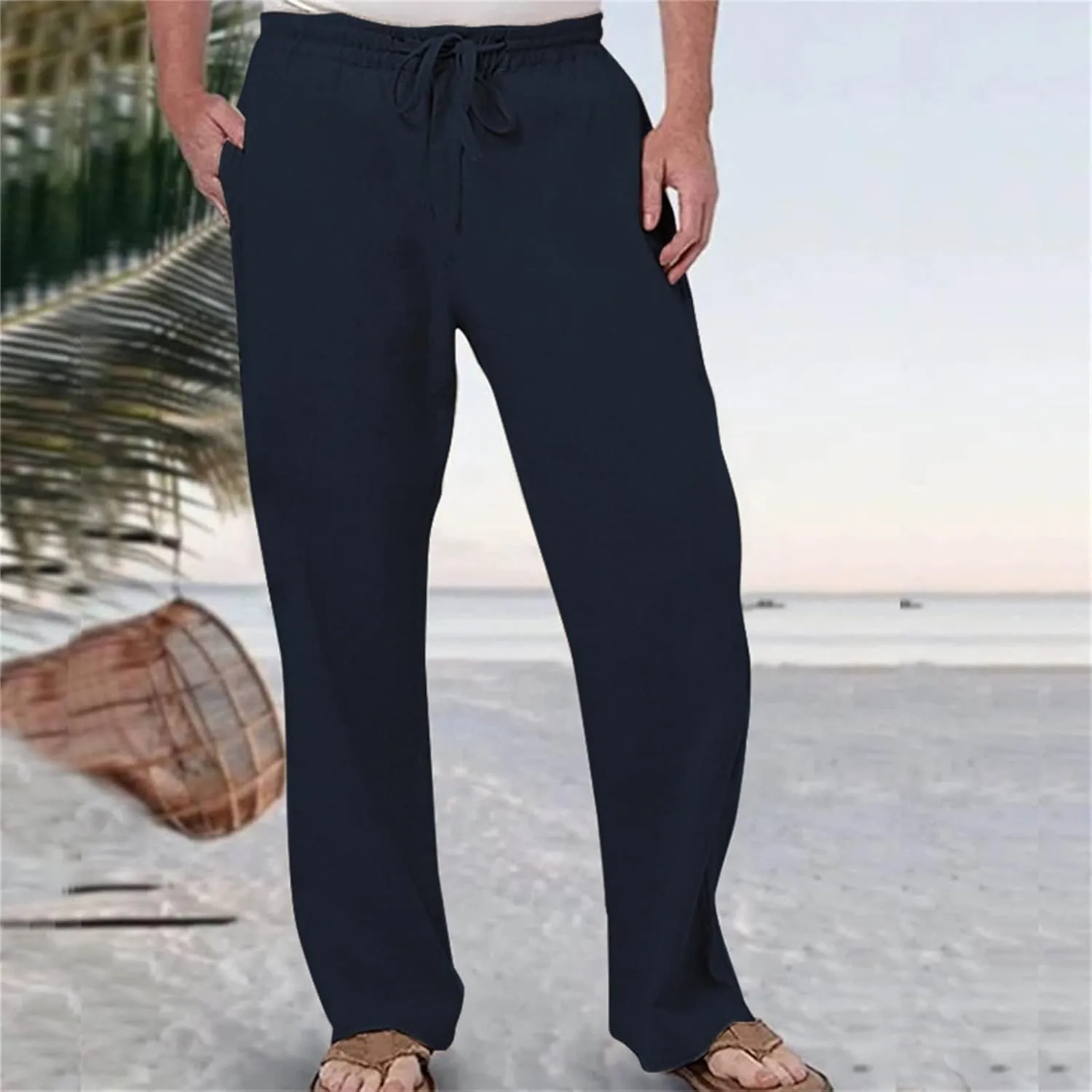 Linen Pants Men Slim Fit Casual Loose Fit Stretch Slacks Big Tall Flat Front Flex Golf Straight Long Pants