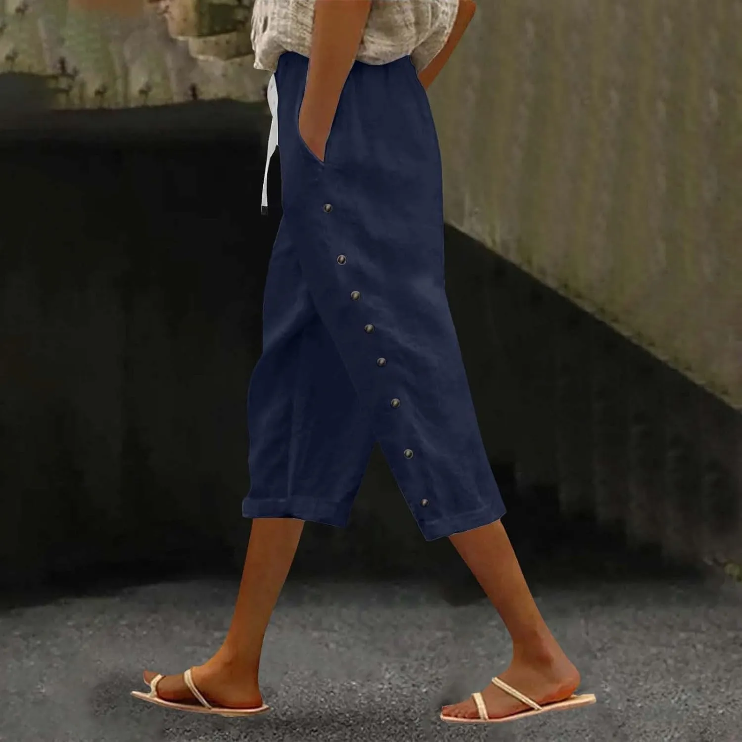 Linen Pants Women 2025 Striped Capri Pant Lightweight Spring Summer Fashion Clothes Ladies Pinstripe Cropped Trousers