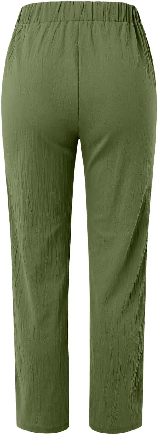 Linen Pants Women Casual Summer Loose Solid Color High Waisted Straight Leg Beach Linen Pants Elastic Waist Comfort Trousers