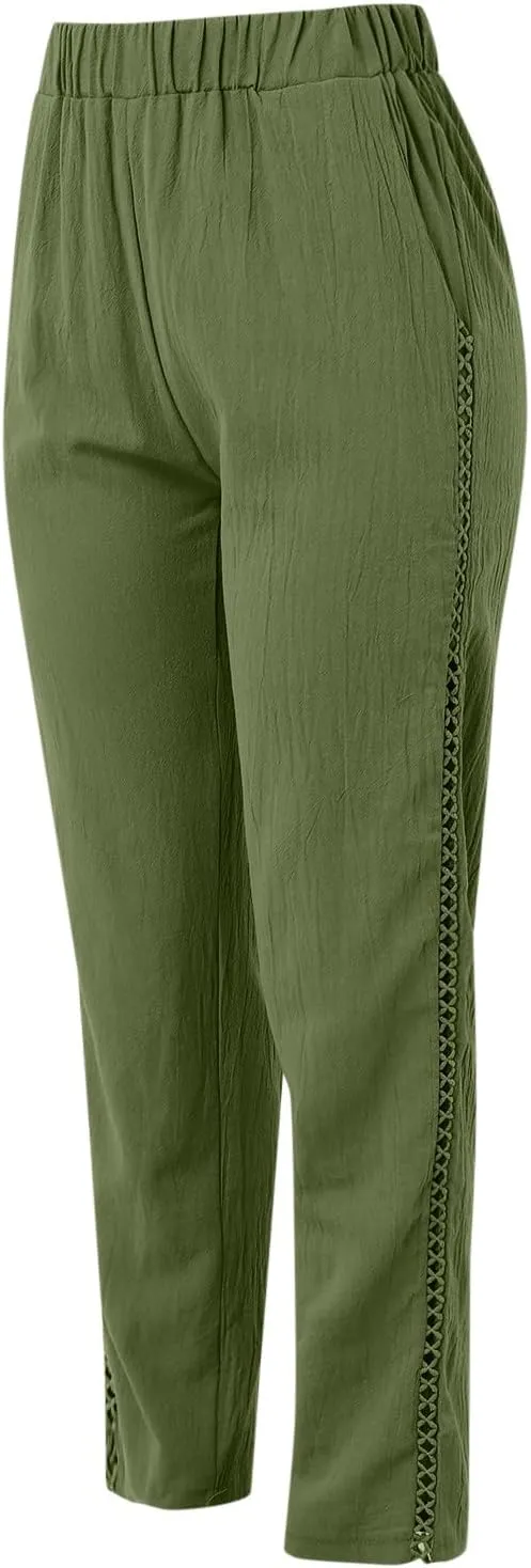 Linen Pants Women Casual Summer Loose Solid Color High Waisted Straight Leg Beach Linen Pants Elastic Waist Comfort Trousers