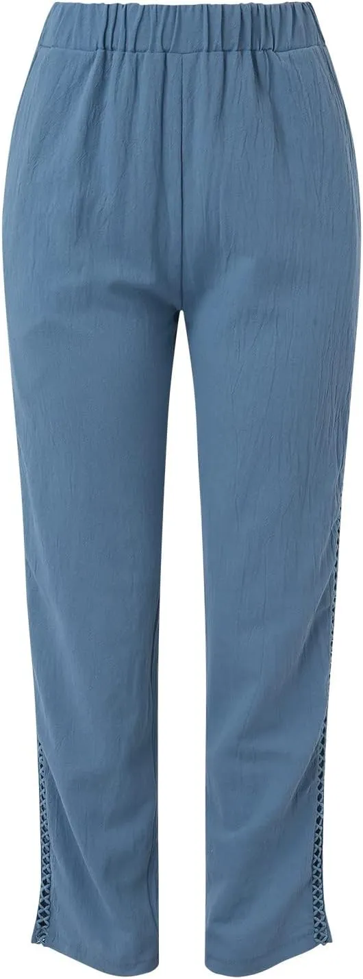 Linen Pants Women Casual Summer Loose Solid Color High Waisted Straight Leg Beach Linen Pants Elastic Waist Comfort Trousers