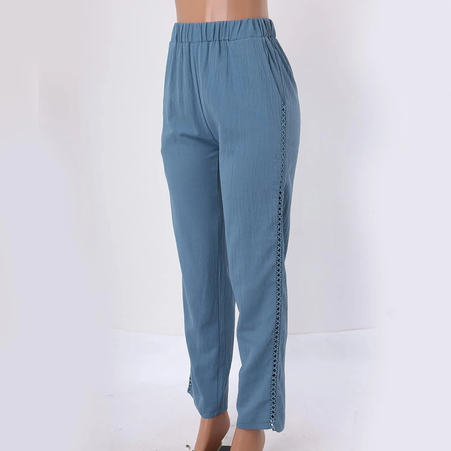 Linen Pants Women Casual Summer Loose Solid Color High Waisted Straight Leg Beach Linen Pants Elastic Waist Comfort Trousers