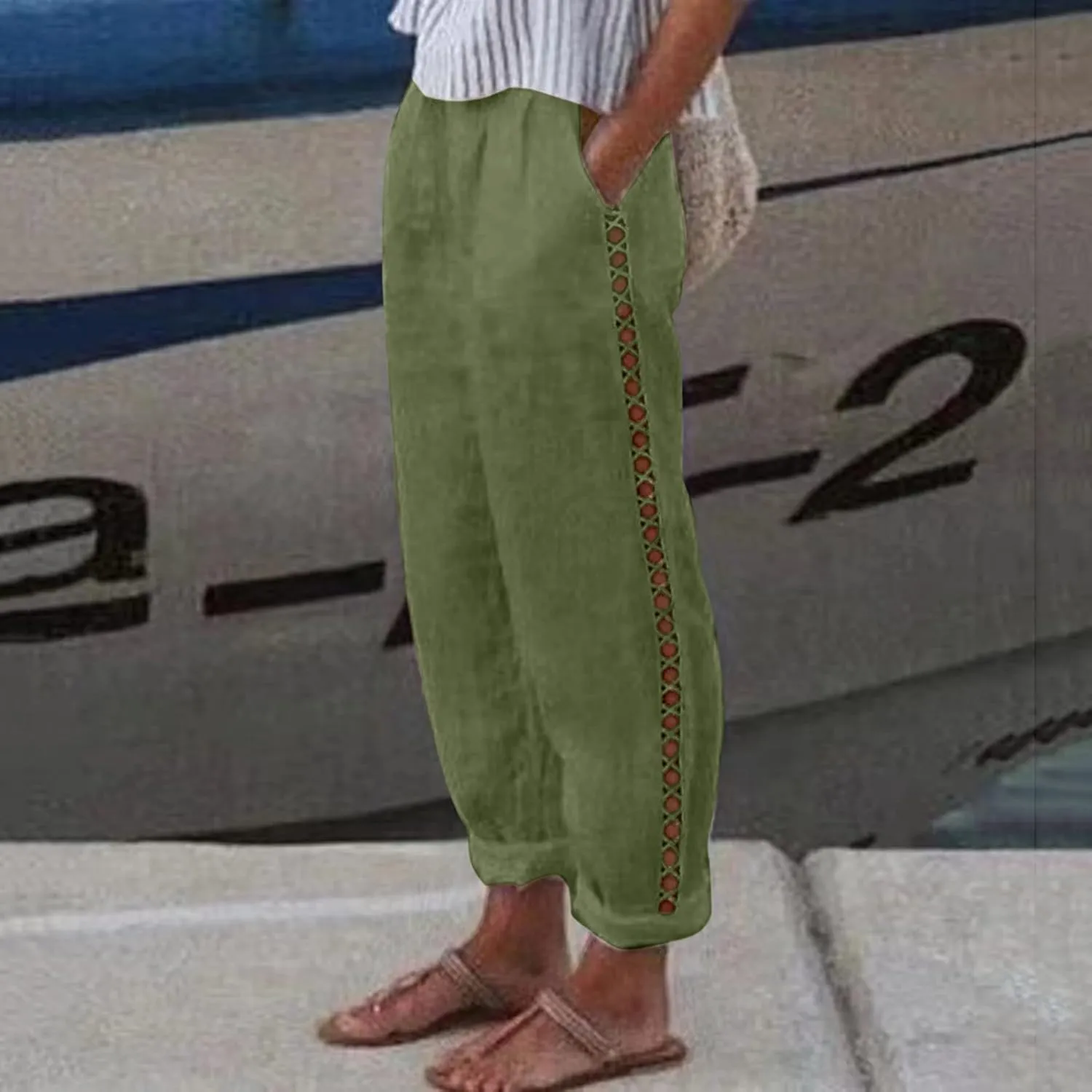 Linen Pants Women Casual Summer Loose Solid Color High Waisted Straight Leg Beach Linen Pants Elastic Waist Comfort Trousers