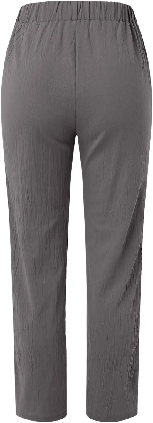 Linen Pants Women Casual Summer Loose Solid Color High Waisted Straight Leg Beach Linen Pants Elastic Waist Comfort Trousers