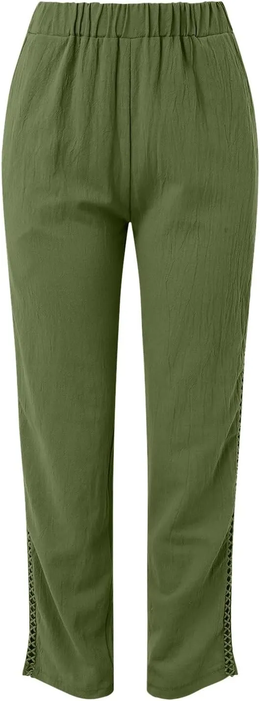 Linen Pants Women Casual Summer Loose Solid Color High Waisted Straight Leg Beach Linen Pants Elastic Waist Comfort Trousers