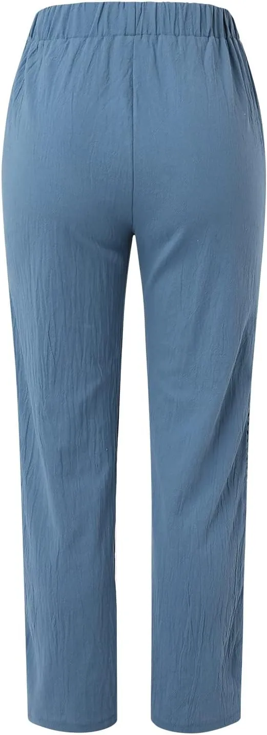 Linen Pants Women Casual Summer Loose Solid Color High Waisted Straight Leg Beach Linen Pants Elastic Waist Comfort Trousers