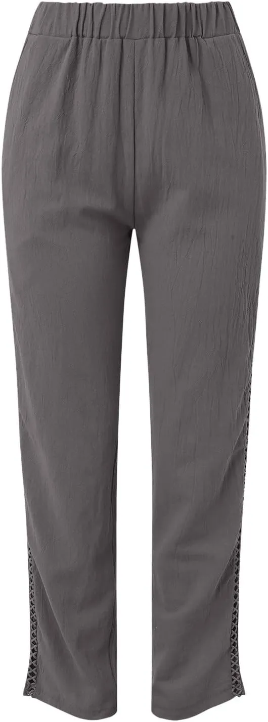 Linen Pants Women Casual Summer Loose Solid Color High Waisted Straight Leg Beach Linen Pants Elastic Waist Comfort Trousers
