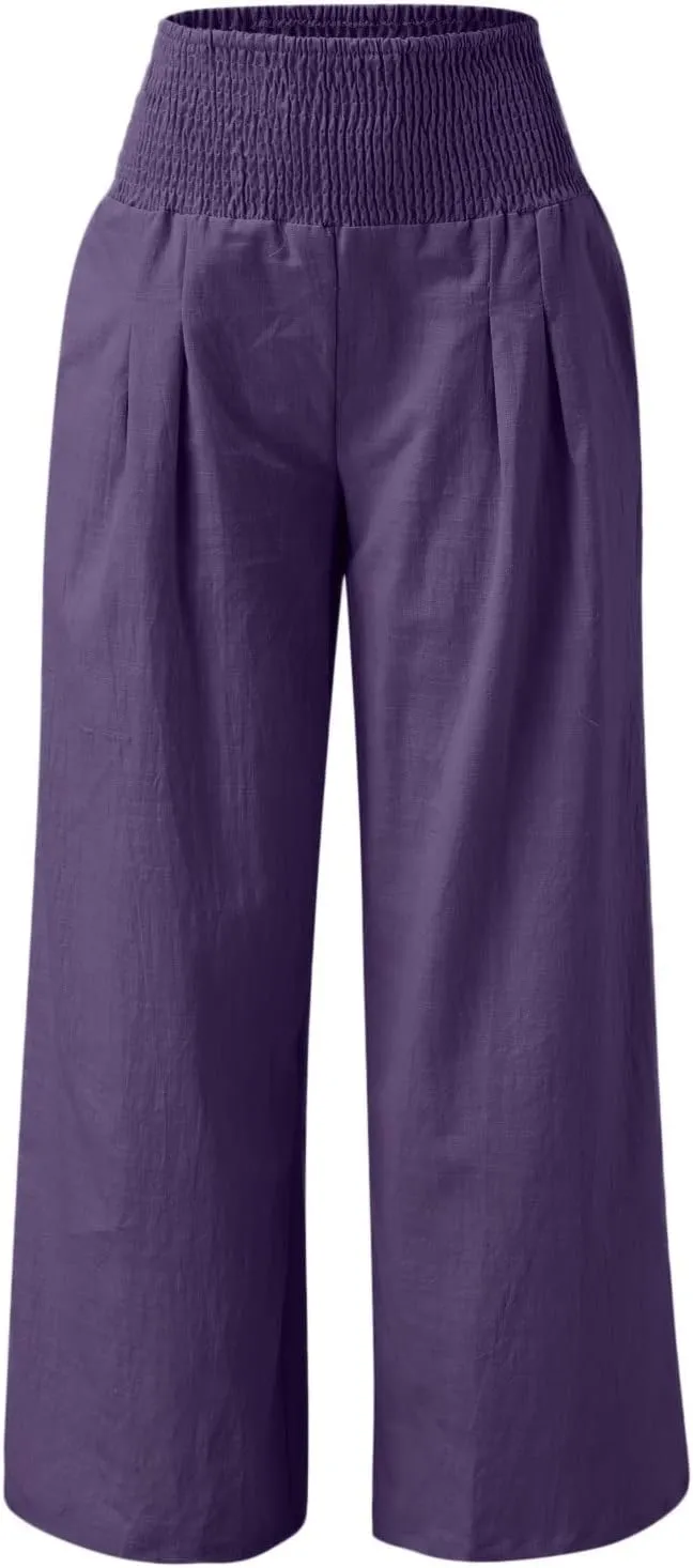 Linen Pants Women Comfy Flowy Wide Leg Pants Trousers Summer High Waisted Beach Palazzo Pants with Pockets 2024