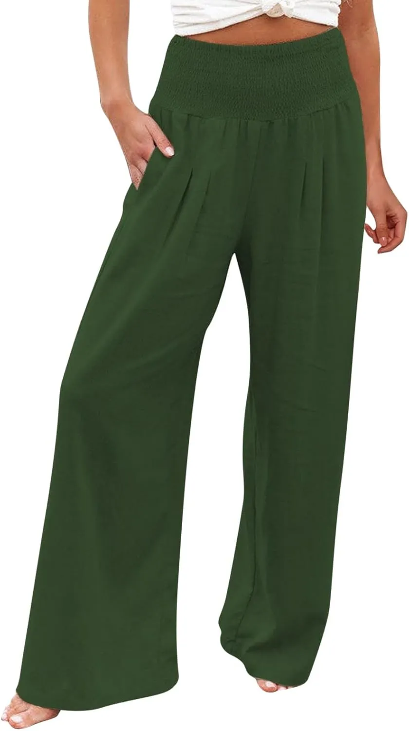 Linen Pants Women Comfy Flowy Wide Leg Pants Trousers Summer High Waisted Beach Palazzo Pants with Pockets 2024