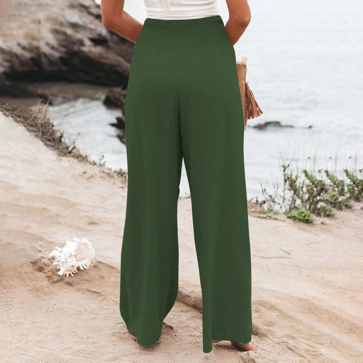 Linen Pants Women Comfy Flowy Wide Leg Pants Trousers Summer High Waisted Beach Palazzo Pants with Pockets 2024