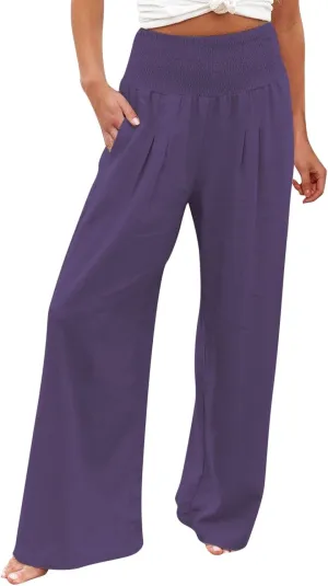 Linen Pants Women Comfy Flowy Wide Leg Pants Trousers Summer High Waisted Beach Palazzo Pants with Pockets 2024