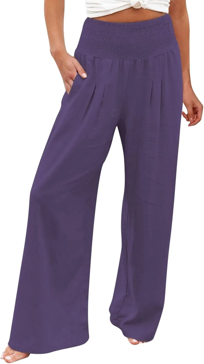 Linen Pants Women Comfy Flowy Wide Leg Pants Trousers Summer High Waisted Beach Palazzo Pants with Pockets 2024