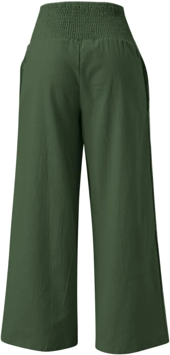 Linen Pants Women Comfy Flowy Wide Leg Pants Trousers Summer High Waisted Beach Palazzo Pants with Pockets 2024