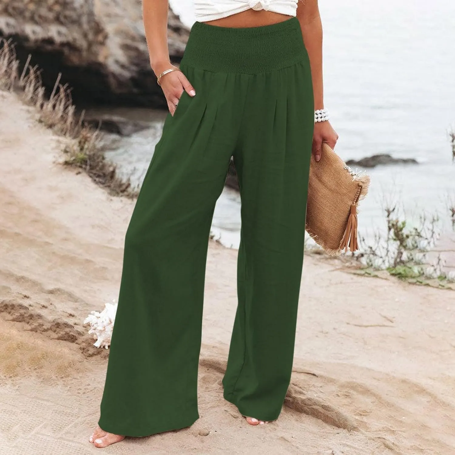 Linen Pants Women Comfy Flowy Wide Leg Pants Trousers Summer High Waisted Beach Palazzo Pants with Pockets 2024