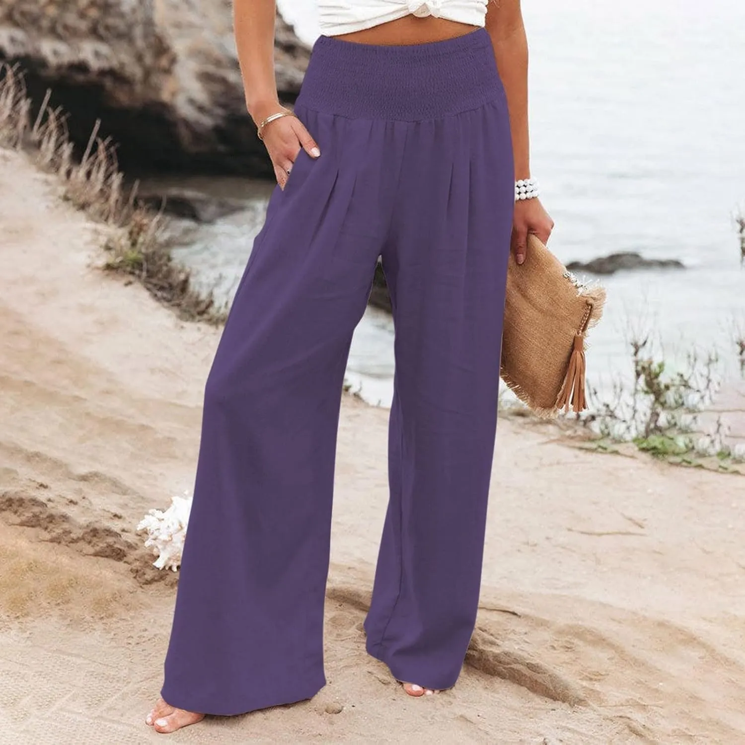 Linen Pants Women Comfy Flowy Wide Leg Pants Trousers Summer High Waisted Beach Palazzo Pants with Pockets 2024