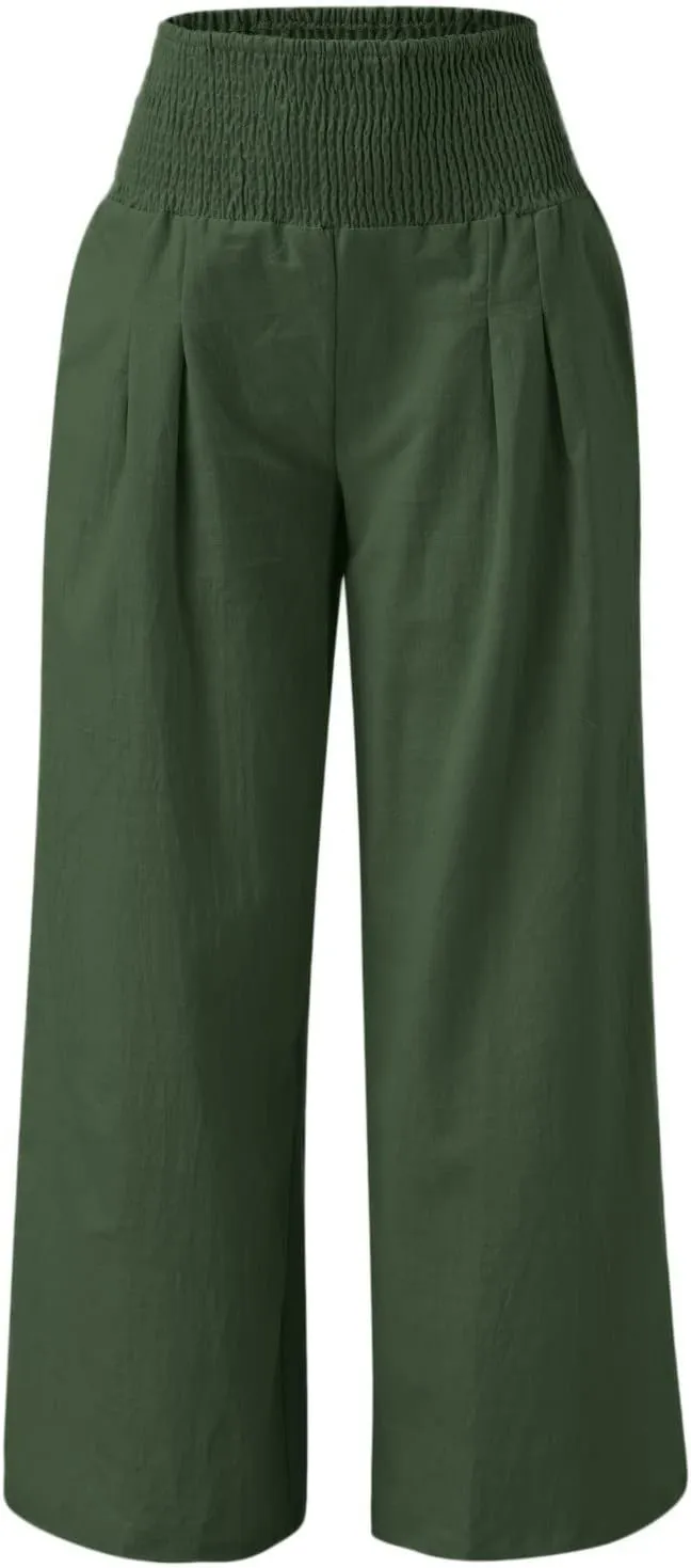 Linen Pants Women Comfy Flowy Wide Leg Pants Trousers Summer High Waisted Beach Palazzo Pants with Pockets 2024