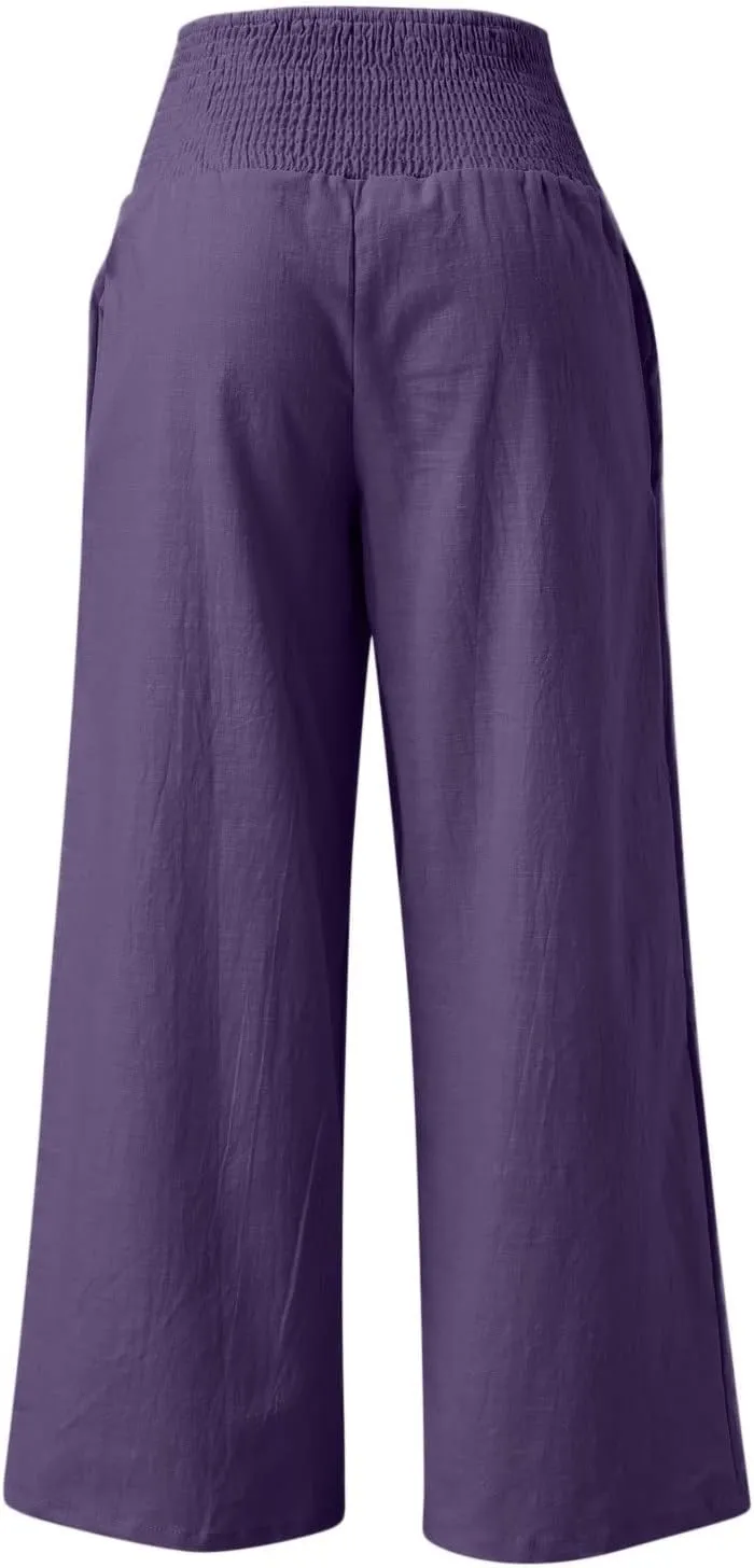Linen Pants Women Comfy Flowy Wide Leg Pants Trousers Summer High Waisted Beach Palazzo Pants with Pockets 2024