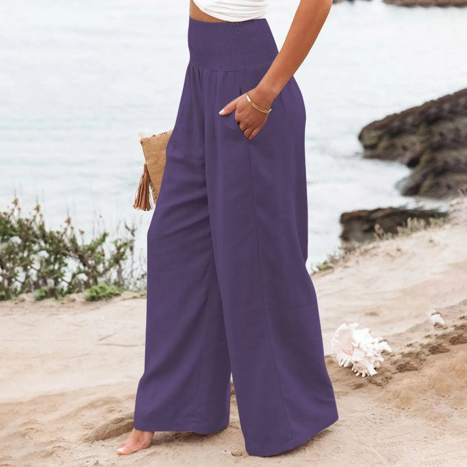 Linen Pants Women Comfy Flowy Wide Leg Pants Trousers Summer High Waisted Beach Palazzo Pants with Pockets 2024