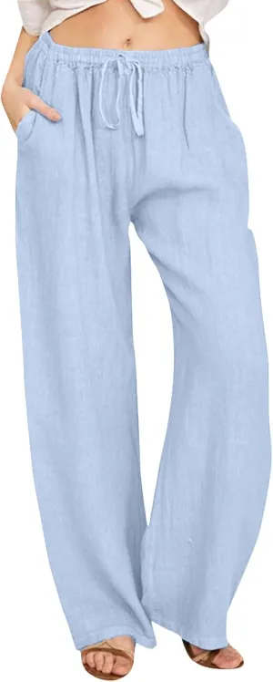 Linen Pants Women High Waist Wide Leg Pants Summer Cotton Linen Pants Casual Beach Trousers with Pockets