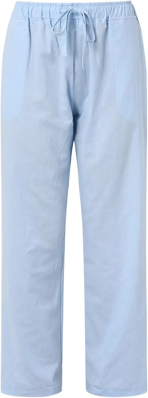 Linen Pants Women High Waist Wide Leg Pants Summer Cotton Linen Pants Casual Beach Trousers with Pockets