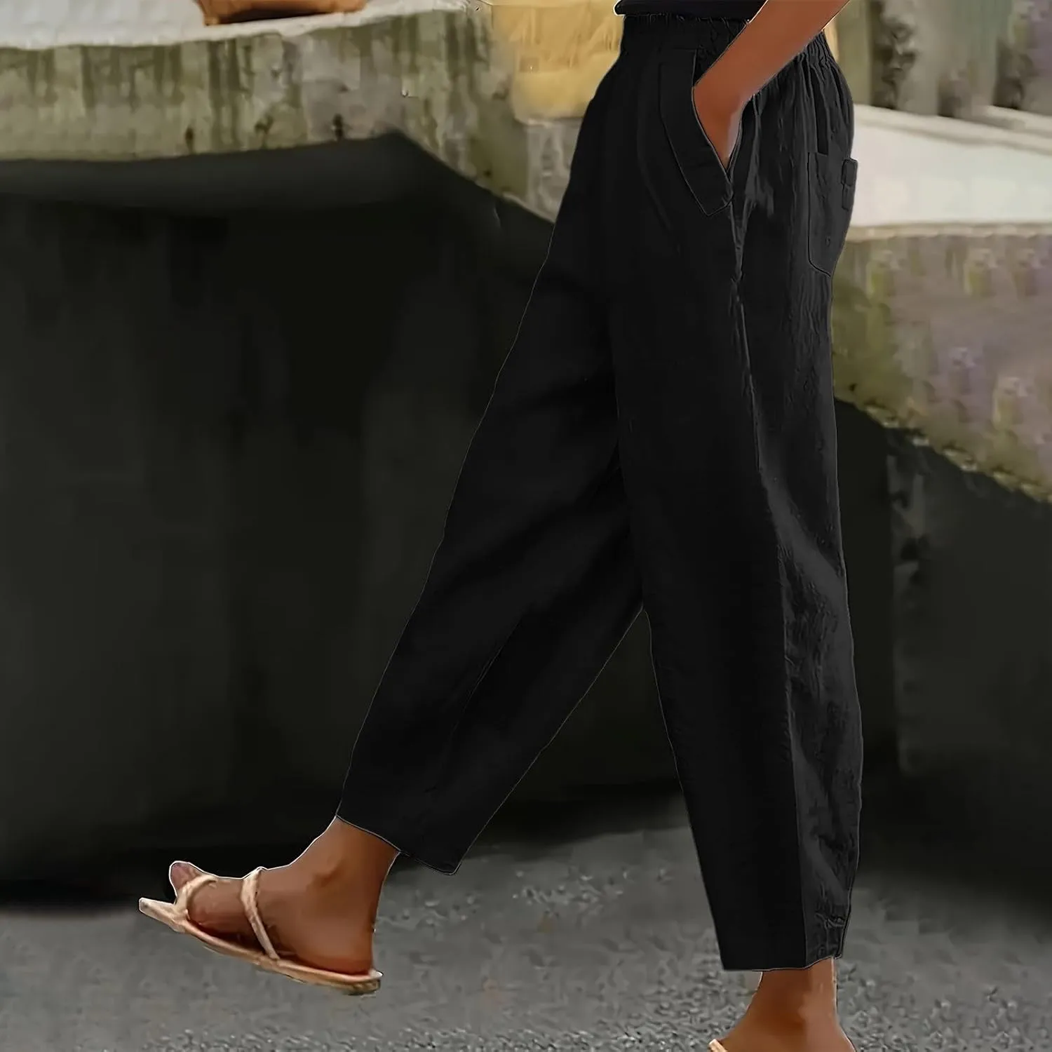 Linen Pants Women Petite Lightweight Elastic Waist Petite Capri Pant with Pockets Summer Trousers Beachwear