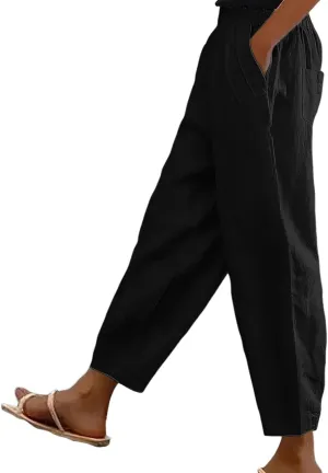 Linen Pants Women Petite Lightweight Elastic Waist Petite Capri Pant with Pockets Summer Trousers Beachwear