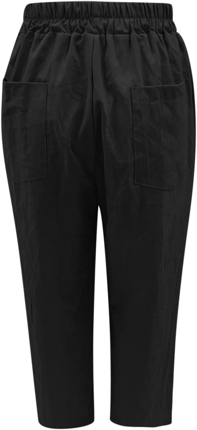 Linen Pants Women Petite Lightweight Elastic Waist Petite Capri Pant with Pockets Summer Trousers Beachwear
