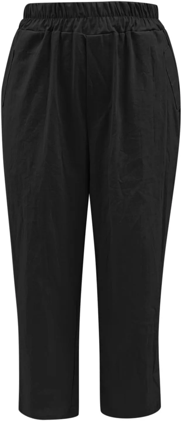 Linen Pants Women Petite Lightweight Elastic Waist Petite Capri Pant with Pockets Summer Trousers Beachwear