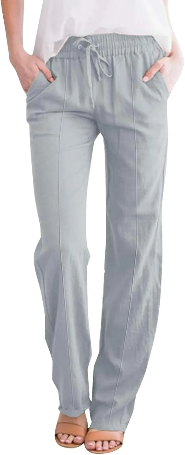 Linen Pants Women Plus Size Breathable Lightweight Cotton Straight Leg Pants Loose Fit Casual Summer Beach Trouser