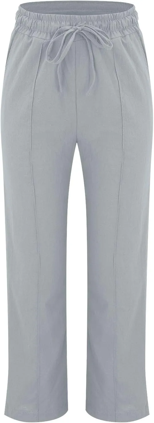 Linen Pants Women Plus Size Breathable Lightweight Cotton Straight Leg Pants Loose Fit Casual Summer Beach Trouser