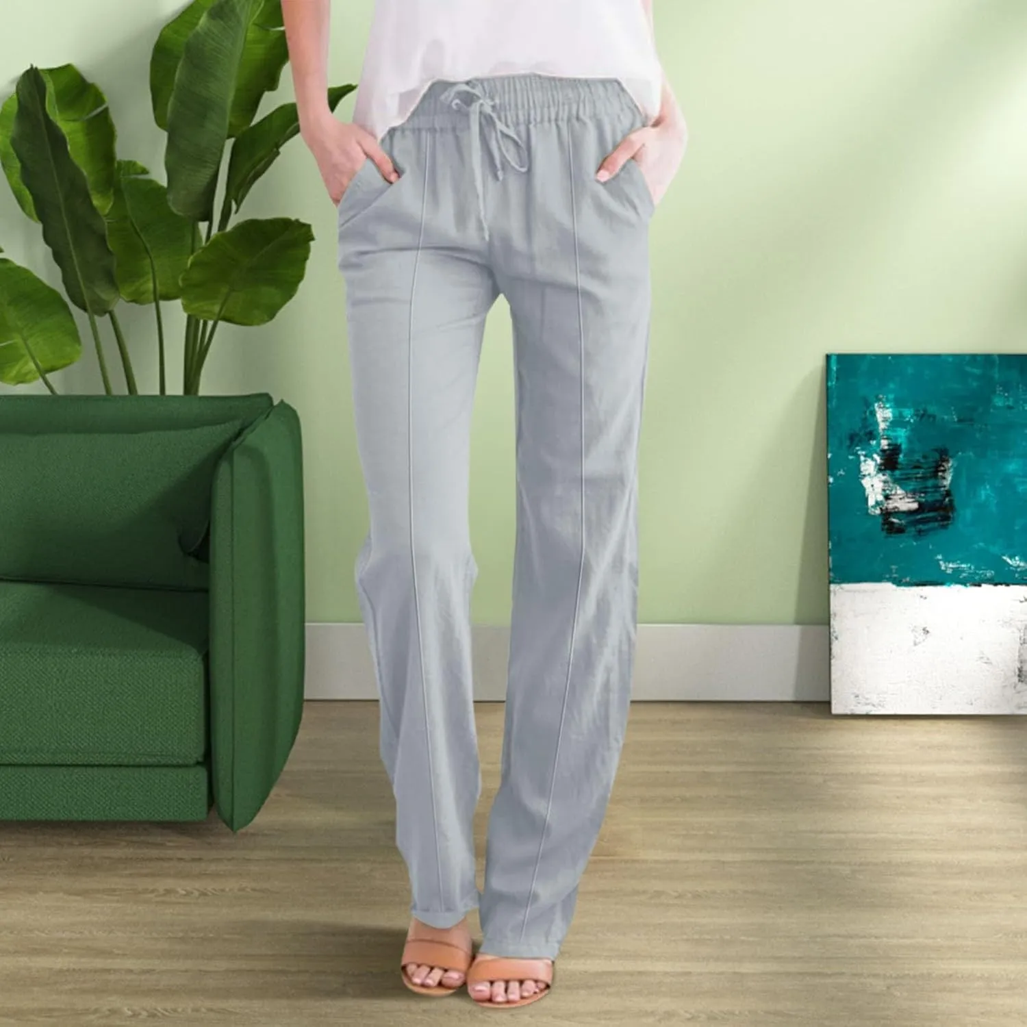 Linen Pants Women Plus Size Breathable Lightweight Cotton Straight Leg Pants Loose Fit Casual Summer Beach Trouser