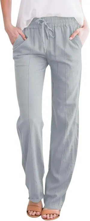 Linen Pants Women Plus Size Breathable Lightweight Cotton Straight Leg Pants Loose Fit Casual Summer Beach Trouser