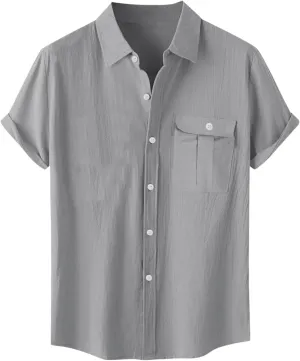 Linen Shirts for Men Mens Short Sleeve Button Down Shirts Collared Summer Beach T-Shirts Vacation Tops