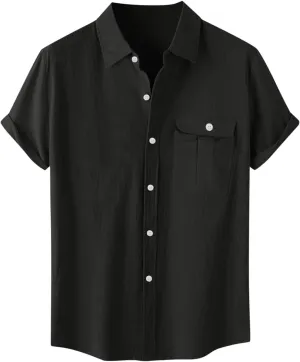 Linen Shirts for Men Mens Short Sleeve Button Down Shirts Collared Summer Beach T-Shirts Vacation Tops