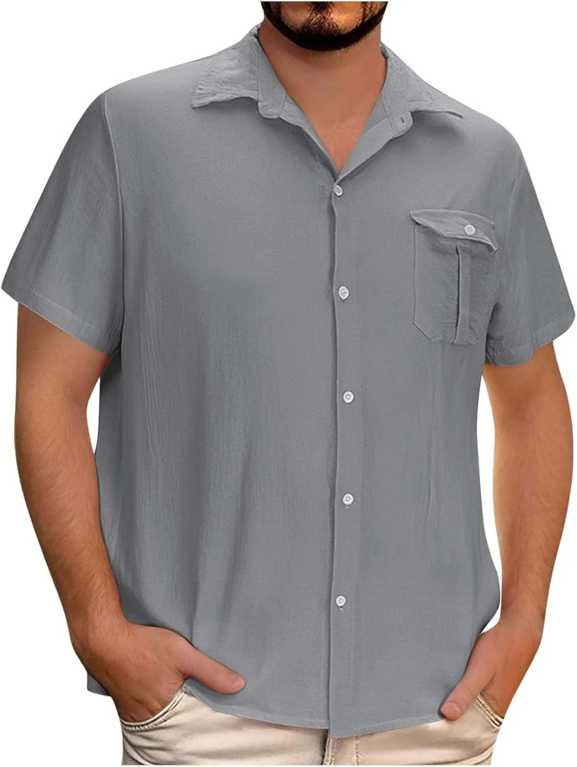 Linen Shirts for Men Mens Short Sleeve Button Down Shirts Collared Summer Beach T-Shirts Vacation Tops